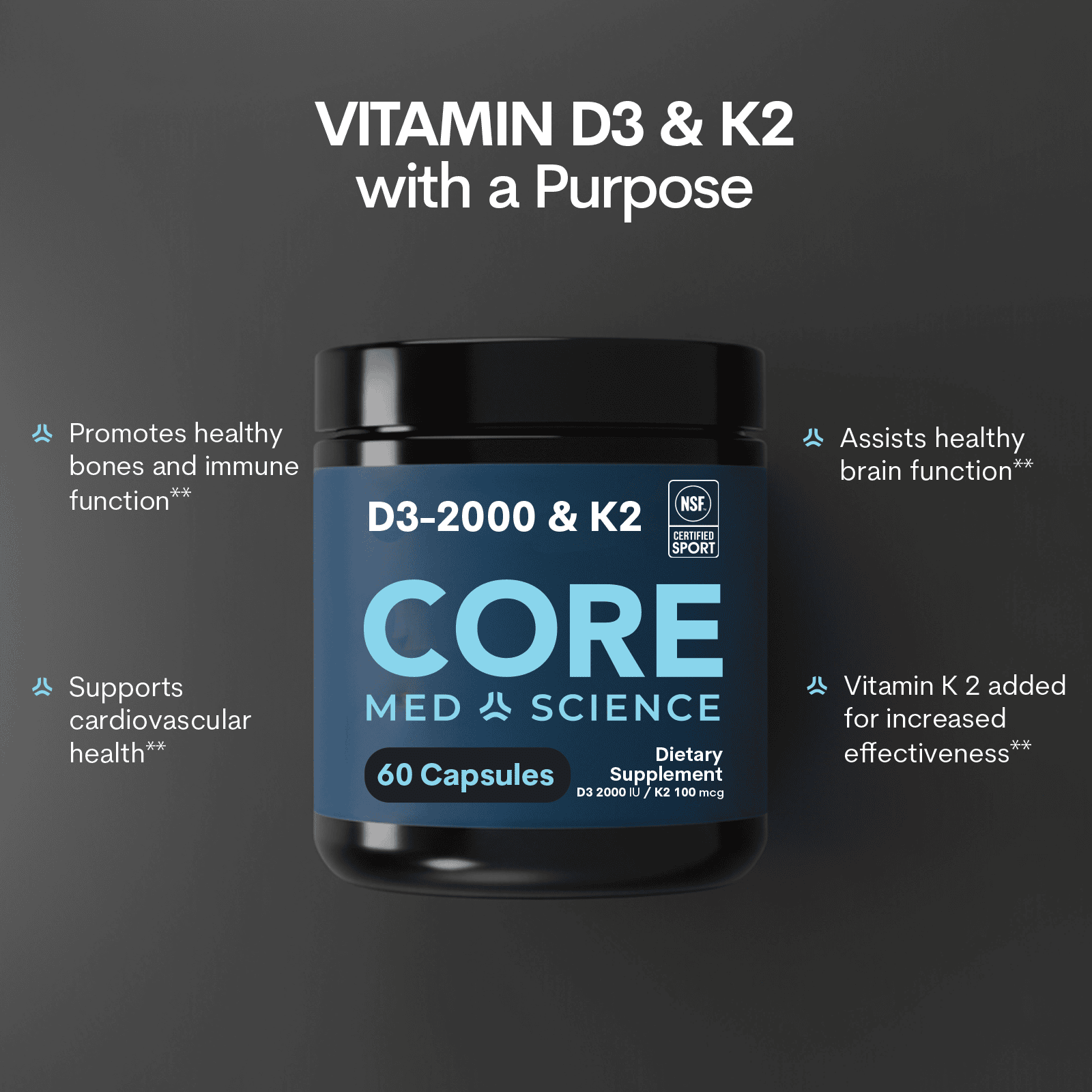 Vitamin D3 2000IU + K2 Bottle 60CT Capsules