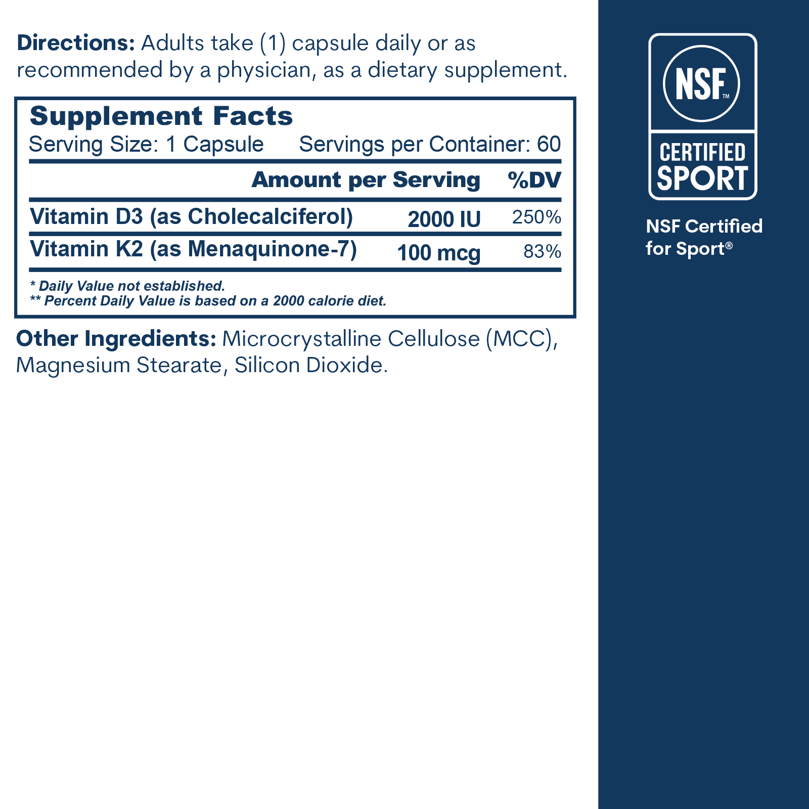 Vitamin D3 2000IU + K2 Bottle 60CT Capsules